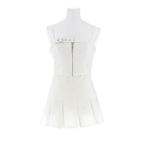 2/25新作!くびれ際立つプリーツAライン♪グリッター×ベルトモチーフのセットアップキャバドレス[SML/3サイズ展開](アイボリー-Sサイズ)