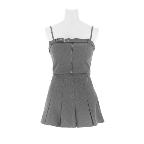 2/25新作!くびれ際立つプリーツAライン♪グリッター×ベルトモチーフのセットアップキャバドレス[SML/3サイズ展開](グレー-Sサイズ)