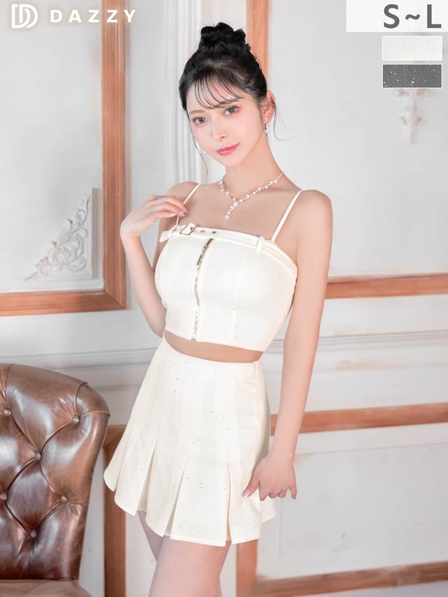 2/25新作!くびれ際立つプリーツAライン♪グリッター×ベルトモチーフのセットアップキャバドレス[SML/3サイズ展開]