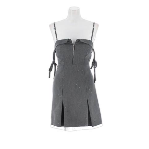 3/11新作![明日花キララ着用]ラメ煌めく今っぽクラシカル谷間ジップリボンストリングAラインミニ丈キャバドレス[SML/3サイズ展開](グレー-Sサイズ)