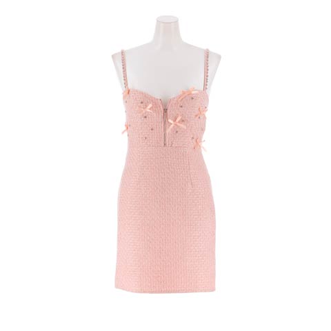 2/4新作![伊藤桃々着用]煌めくビジューとあざとリボン谷間ジップツイードタイトミニ丈キャバドレス[SML/3サイズ展開](ピンク-Sサイズ)