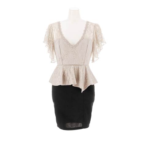 2/20新作!座っても立っても下腹カバー!オールレースペプラムフレア袖タイトミニ丈キャバドレス[SML/3サイズ展開](ブラックXグレー-Sサイズ)