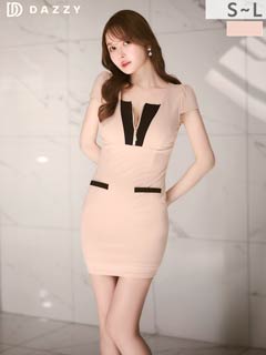 2/13新作!美デコルテ魅せの大人セクシーなバイカラー×フロントジップの半袖タイトミニ丈キャバドレス[SML/3サイズ展開]