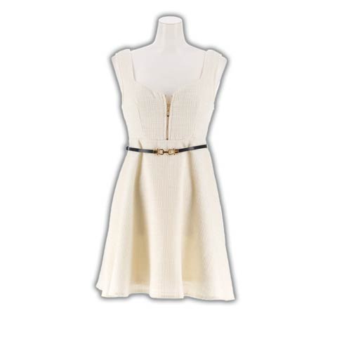 1/21新作!美デコルテ叶うスクエアネック×ノースリーブ胸元ジップツイード華奢魅せAラインミニ丈キャバドレス(アイボリー-Sサイズ)