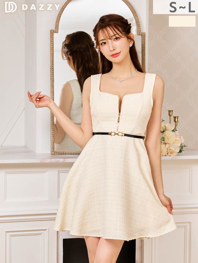 1/21新作!美デコルテ叶うスクエアネック×ノースリーブ胸元ジップツイード華奢魅せAラインミニ丈キャバドレス