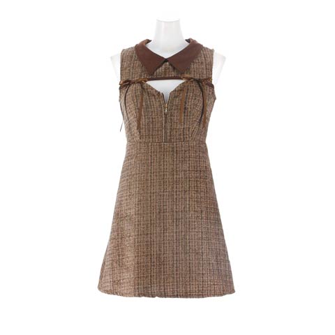 1/16新作!クラシカル谷間ジップホールリボンAラインミニ丈キャバドレス[SML/3サイズ展開](ブラウン-Sサイズ)