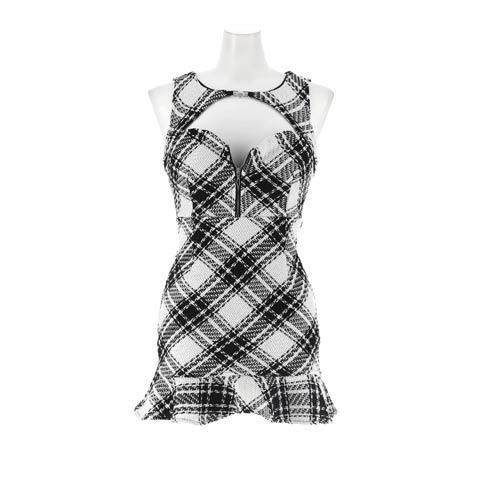 1/14新作!えちえち谷間魅せジップチェック柄ツイードマーメイドミニ丈キャバドレス(ホワイトブラック-Sサイズ)