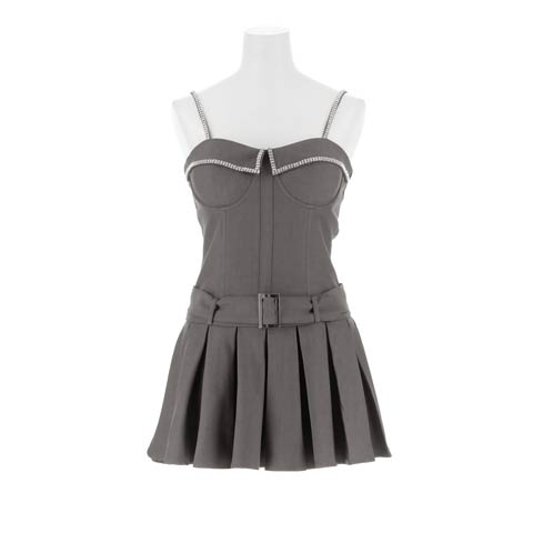 3/19新作!トレンドライクなプリーツ×煌めくビジューベルト付きAラインミニ丈キャバドレス[SML/3サイズ展開](グレー-Sサイズ)