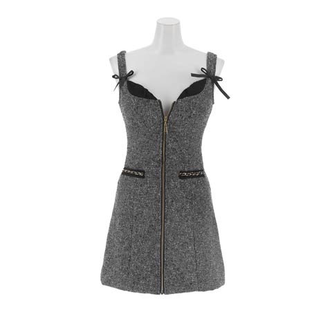 1/19新作!谷間魅せジップツイードリボンショルダーAラインミニ丈キャバドレス(グレー-Sサイズ)