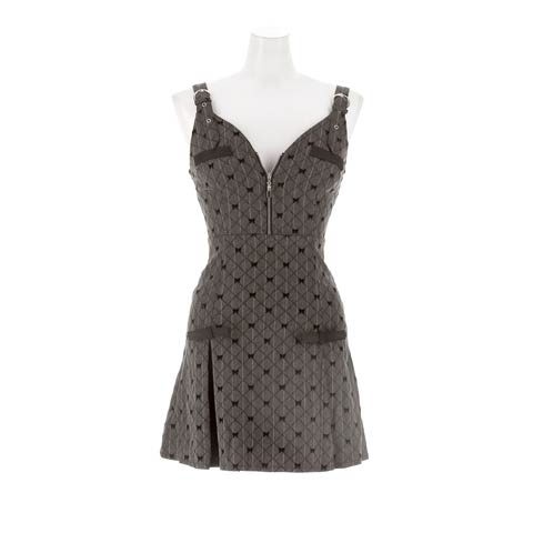 3/16新作! リボン柄が大人可愛いVカット谷間魅せジップ×お尻カバーAラインミニ丈キャバドレス[SML/3サイズ展開](グレー-Sサイズ)