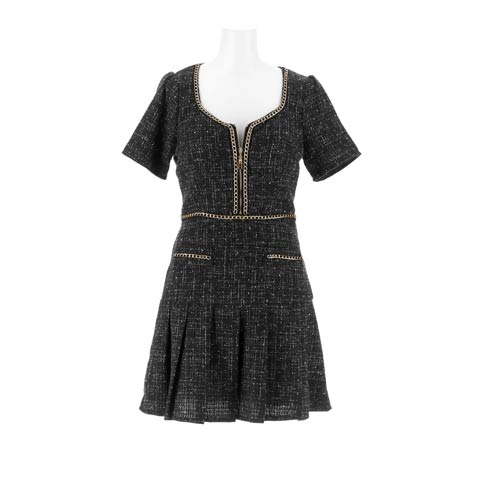 3/27新作!主役級に輝く♪谷間魅せジップ×ふんわりプリーツのツイードAラインミニ丈キャバドレス[SML/3サイズ展開](ブラック-Sサイズ)