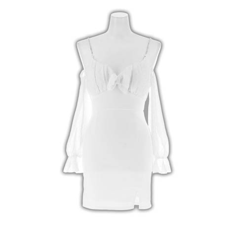 1/19新作![伊藤桃々着用]ビジューストーン煌めくフリルオフショルタイトミニ丈キャバドレス(ホワイト-Sサイズ)