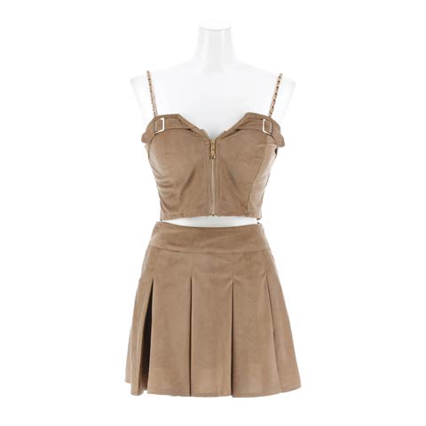 1/26新作![明日花キララ着用]トレンドなNEW CLASSICっぽ胸元ジップ×プリーツAラインミニ丈セットアップドレス(ブラウン-XSサイズ)