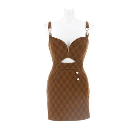 1/28新作!トレンドなNEW CLASSICチェック柄胸元ジップ美くびれウエストカットキャミソールミニ丈キャバドレス(ブラウン-Sサイズ)