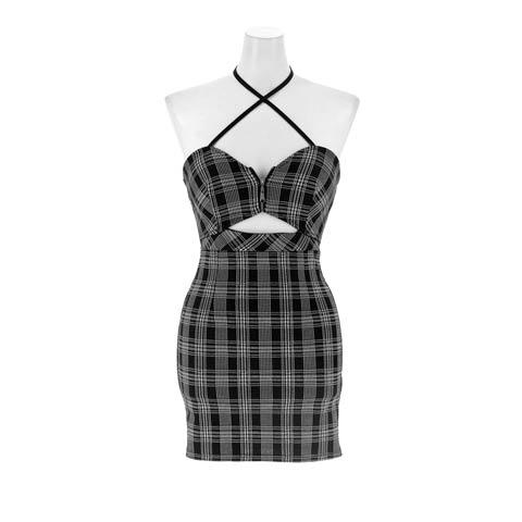 1/21新作!露出多めでSEXYなチェック柄ホルターネック胸元ジップウエスト見せミニ丈キャバドレス(ブラック-Sサイズ)