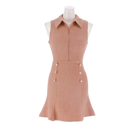 1/19新作!襟付きファスナーパールボタンビジューマーメイドミニ丈キャバドレス(ピンクベージュ-Sサイズ)