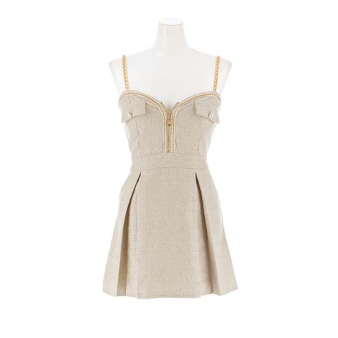 1/16新作!トレンドチェーンショルダーでこなれ感谷間ジップツイードAラインミニ丈キャバドレス[SML/3サイズ展開](ベージュ-Sサイズ)