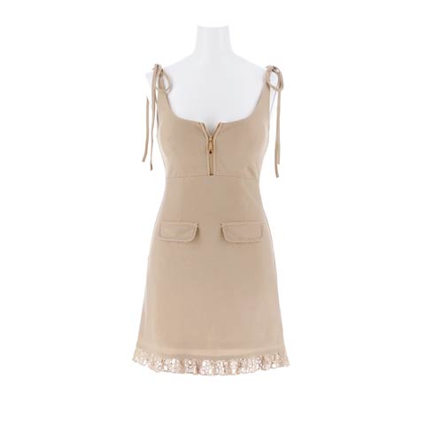 4/15新作!リボンストラップが大人可愛い谷間魅せジップAラインミニ丈キャバドレス[SML/3サイズ展開](ベージュ-Sサイズ)