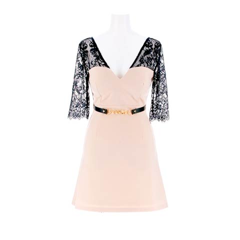 4/24新作![伊藤桃々着用]大胆Vネック×ベルトモチーフがSEXYなバイカラーレース五分袖タイトミニ丈キャバドレス[SML/3サイズ展開](ベージュ×ブラック-Sサイズ)
