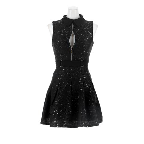 3/11新作![明日花キララ着用]輝き主役級！ハイネック谷間ジップスパンコールAラインミニ丈キャバドレス[SML/3サイズ展開](ブラック-Sサイズ)