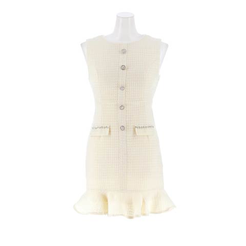 2/16新作!清楚に魅せるボタンビジュー×ツイード素材のフロントジップマーメイドミニ丈キャバドレス[SML/3サイズ展開](アイボリー-Sサイズ)