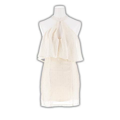 3/23新作!アメスリビジュー×谷間魅せカットアウトが色っぽいフリルタイトミニ丈キャバドレス[SML/3サイズ展開](アイボリー-Sサイズ)