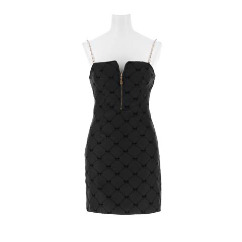 4/3新作!【甘辛MIX】胸元ジップ×リボンチェック柄で今っぽガーリーミニ丈キャバドレス[SML/3サイズ展開](ダークグレー-Sサイズ)