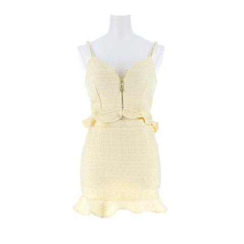 2/27新作![明日花キララ着用]春色ツイードの谷間魅せジップ×フリルキャミソールタイトミニセットアップ[SML/3サイズ展開](イエロー-Sサイズ)