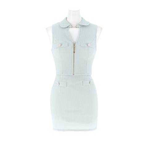 3/25新作!高級感抜群な襟付きワッフルチェック×谷間魅せファスナーのタイトミニ丈セットアップキャバドレス[SML/3サイズ展開](ミント-Sサイズ)