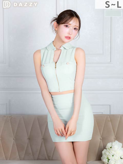 3/25新作!高級感抜群な襟付きワッフルチェック×谷間魅せファスナーのタイトミニ丈セットアップキャバドレス[SML/3サイズ展開]