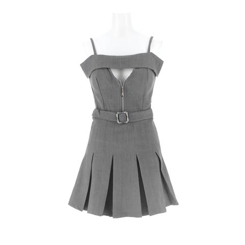 2/18新作!視線奪う谷間ジップ×ベルトモチーフで色っぽスタイリッシュプリーツAラインミニ丈キャバドレス[SML/3サイズ展開](グレー-Sサイズ)