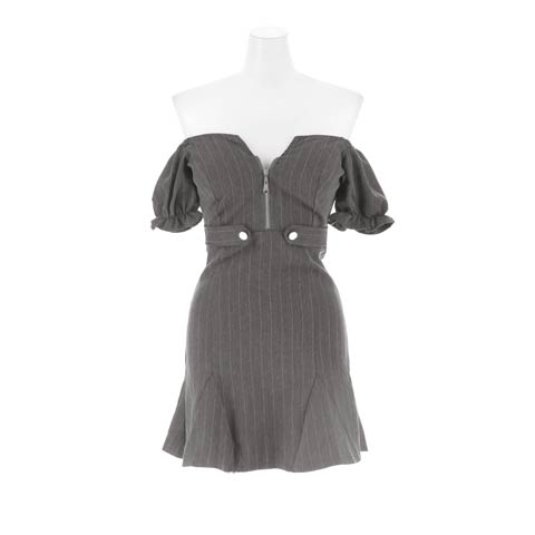 3/19新作!ストライプがスタイリッシュ♩谷間ジップオフショルマーメイドミニ丈キャバドレス[SML/3サイズ展開](グレー-Sサイズ)