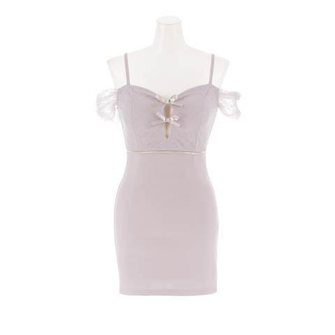 3/11新作![明日花キララ着用]谷間ホールにリボンが甘いビジューチェックオフショルタイトミニ丈キャバドレス[SML/3サイズ展開](ブルーグレー-Sサイズ)