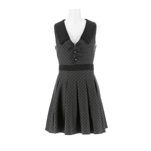 4/6新作!スタイルUPできる高めウエスト×襟付きが上品CUTEなドットAラインミニ丈キャバドレス[SML/3サイズ展開](グレー-Sサイズ)