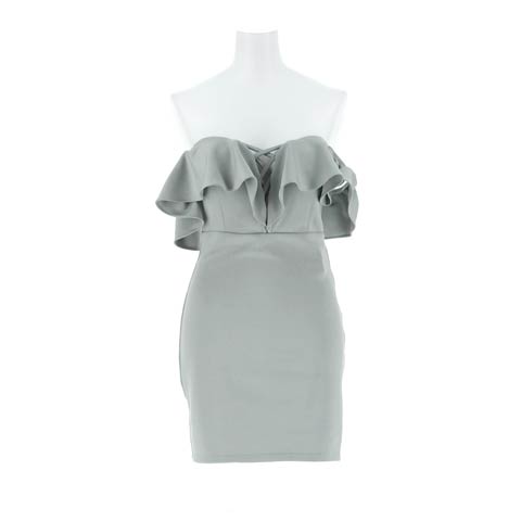 3/25新作![伊藤桃々着用]二の腕隠せるボリュームフリルオフショル×胸元レースアップのタイトミニ丈キャバドレス[SML/3サイズ展開](ブルーグレー-Sサイズ)