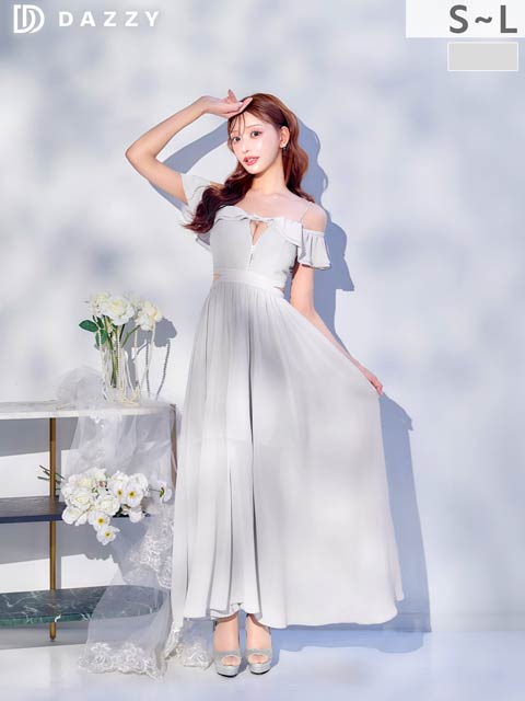 4/1新作![明日花キララ着用]大胆オフショル×色っぽ谷間魅せジップのウエストカットAラインロング丈キャバドレス[SML/3サイズ展開]