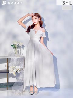 4/1新作![明日花キララ着用]大胆オフショル×色っぽ谷間魅せジップのウエストカットAラインロング丈キャバドレス[SML/3サイズ展開]