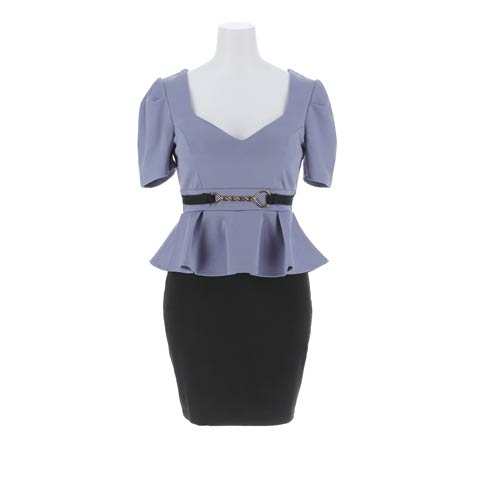 4/20新作!圧倒的スタイルUP◎谷間Vカットバイカラーペプラムタイトミニ丈キャバドレス[SML/3サイズ展開](ブルー×ブラック-Sサイズ)