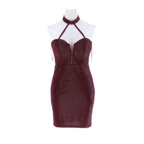 4/27新作![伊藤桃々着用]谷間魅せジップ×コードデザインがSEXY♪ラメが輝くビジューチェーン付きホルターネックタイトミニ丈キャバドレス[SML/3サイズ展開](パープル-Sサイズ)