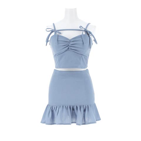 4/15新作!リボンストラップが可愛い♪揺れるマーメイドミニ丈セットアップキャバドレス[XS-M/3サイズ展開](ブルー-XSサイズ)