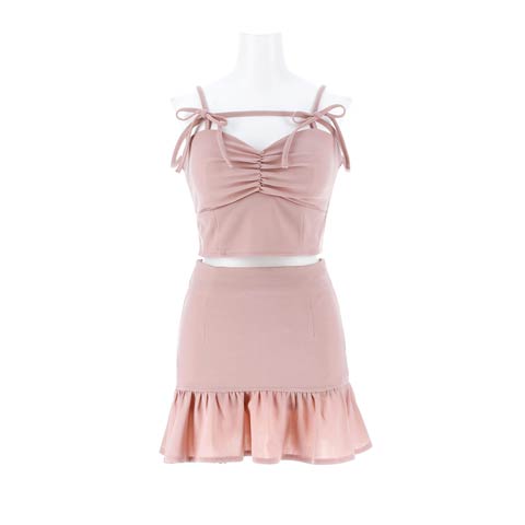 4/15新作!リボンストラップが可愛い♪揺れるマーメイドミニ丈セットアップキャバドレス[XS-M/3サイズ展開](ピンク-XSサイズ)