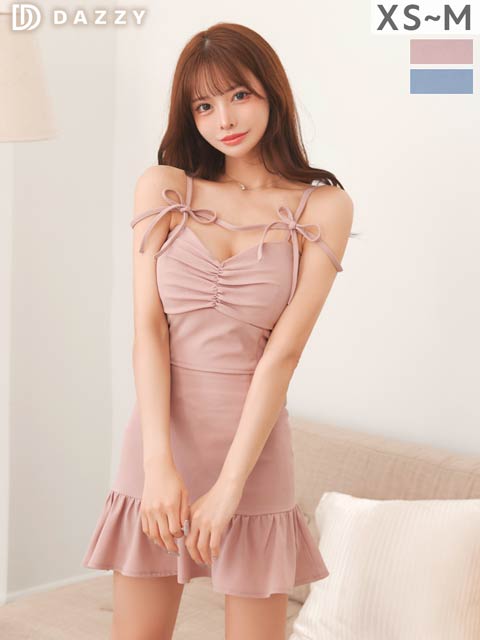 4/15新作!リボンストラップが可愛い♪揺れるマーメイドミニ丈セットアップキャバドレス[XS-M/3サイズ展開]