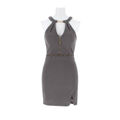 4/10新作![伊藤桃々着用]視線釘付け♪ジップ＆カットアウトで攻める！ホルターネックタイトミニキャバドレス[SML/3サイズ展開](グレー-Sサイズ)