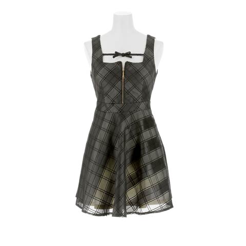 4/15新作!透け感チェック柄でこなれ感抜群♪フロントジップが映えるリボン付シアーチェックAラインミニ丈キャバドレス[SML/3サイズ展開](ブラック-Sサイズ)