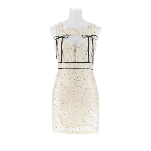 3/25新作!谷間魅せジップ×美シルエット♪リボンホールのドットタイトミニ丈キャバドレス[SML/3サイズ展開](アイボリー-Sサイズ)