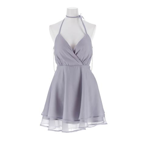 4/1新作![明日花キララ着用]お尻カバー叶うAライン×谷間魅せ♪華やかビジューチェーンAラインミニ丈キャバドレス[XS-M/3サイズ展開](グレー-XSサイズ)