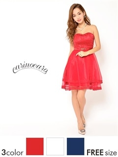 バックル付きフラワーレースAラインベアミニドレス