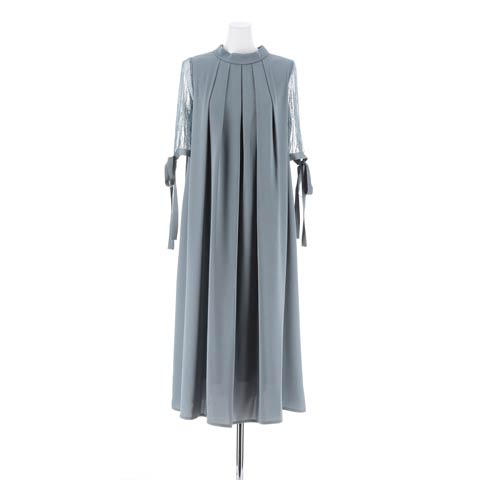 胸元タックデザインAラインロングドレス(ブルー-Mサイズ)