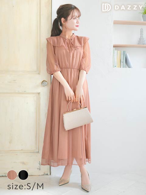 10/7再入荷![SMサイズ]ケープ襟付きドットレースキャバドレス