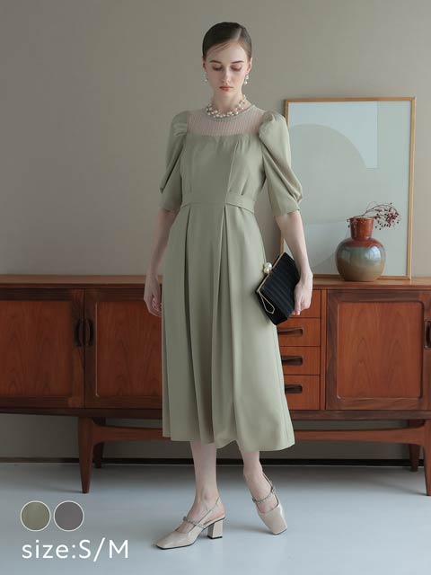 [SMサイズ]リボンベルト付パフスリーブキャバドレス[2サイズ展開]